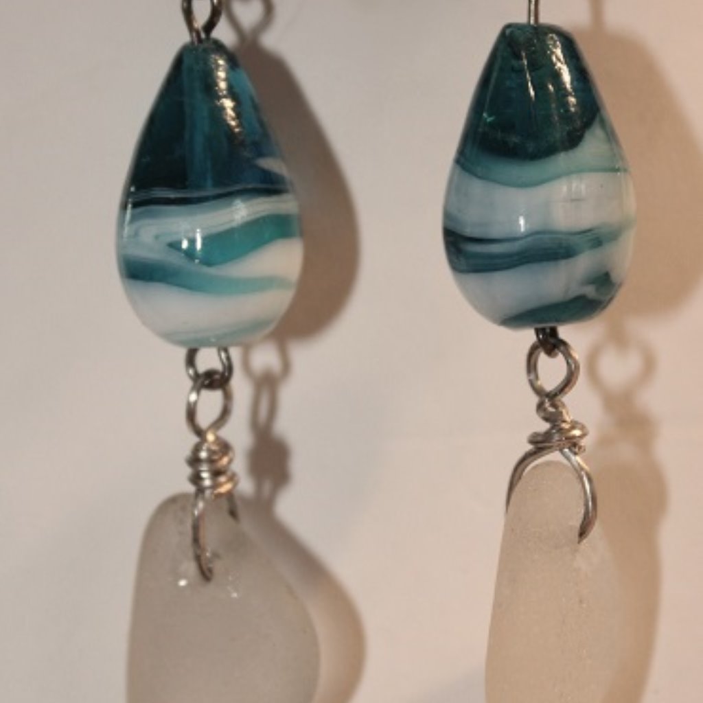 Beautiful Blue And White Seaglass Stud Earrings